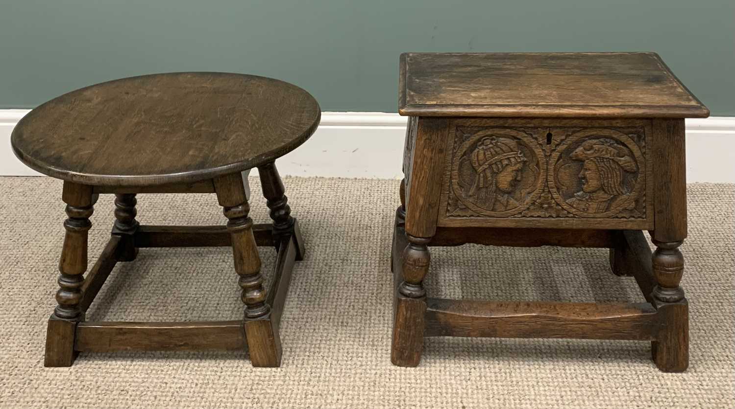 RUSTIC (DUTCH) CARVED OAK STOOL with lift-up lid, 45 (h) x 48 (w) x 34 (d) cms and a circular topped