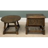 RUSTIC (DUTCH) CARVED OAK STOOL with lift-up lid, 45 (h) x 48 (w) x 34 (d) cms and a circular topped