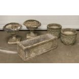 STONEWARE PLANTERS, a pair of campana style planters, 36 (h) x 40 (diam) cms, a pair of barrel