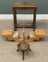 CARVED OAK SIDE TABLE with base stretcher, 65 (h) x 57 (w) x 37 (d) cms, a THREE LEGGED ELM