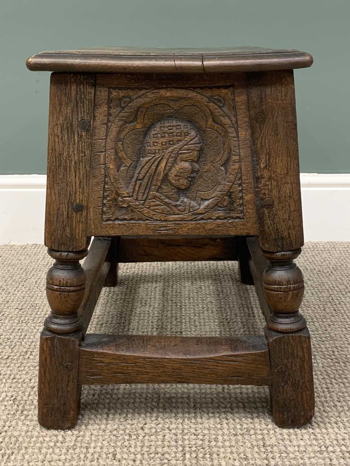 RUSTIC (DUTCH) CARVED OAK STOOL with lift-up lid, 45 (h) x 48 (w) x 34 (d) cms and a circular topped - Image 6 of 6