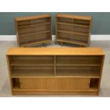 MID-CENTURY TYPE BOOKCASE with glazed sliding doors, 84 (h) x 152 (w) x 24 (d) cms and a SMALLER