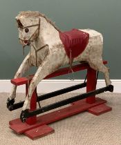 VINTAGE ROCKING HORSE painted white with a red base and saddle, 106 (h) x 116 (w) x 40 (d) cms