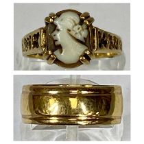 TWO 9CT GOLD RINGS, the first with carved cameo portrait, pierced shoulders, size K and a broad