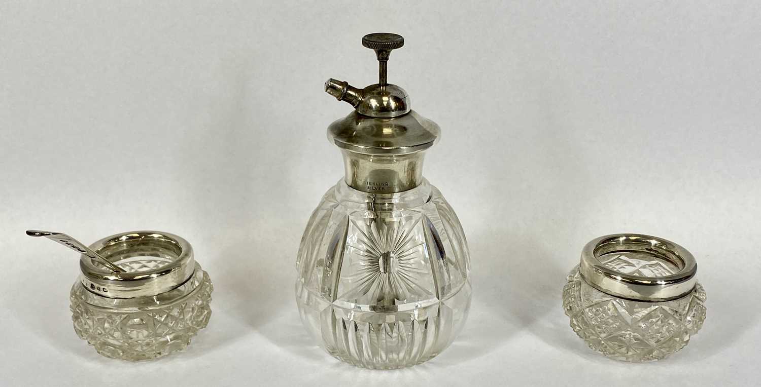 MIXED GROUP OF SILVER MOUNTED GLASS ITEMS, including a two handled urn, 12.5cms (h), scent atomiser, - Image 3 of 4