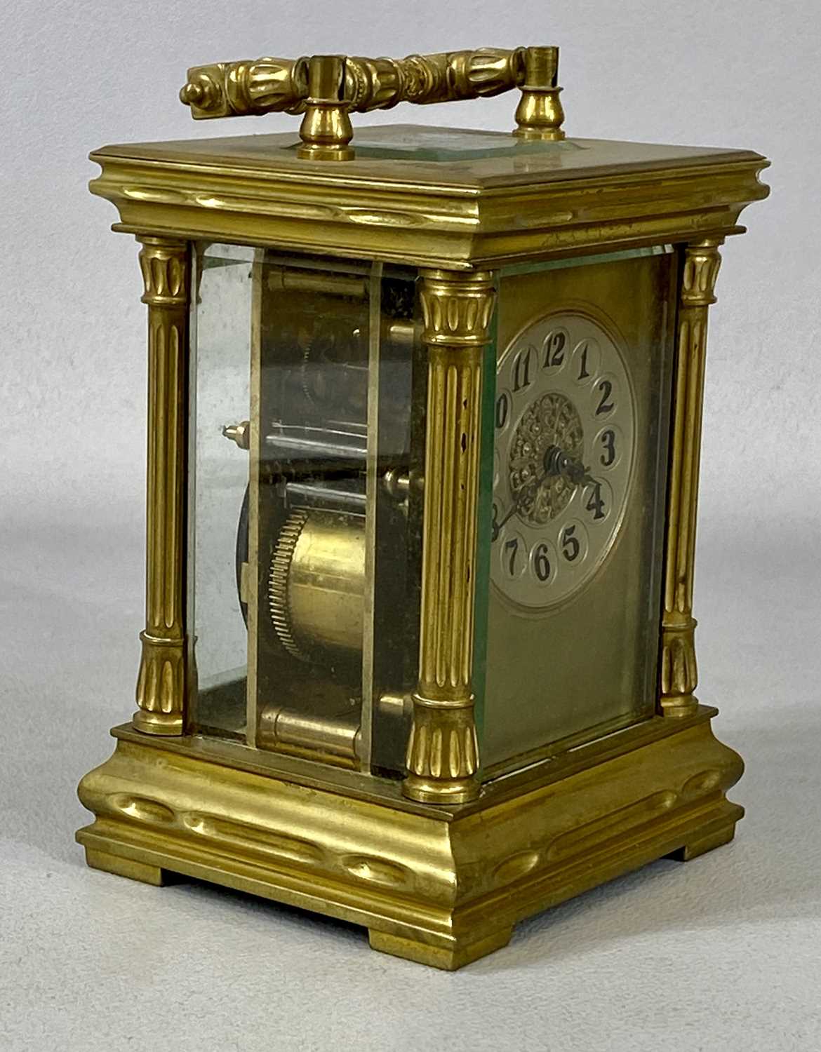 GILT BRASS CASED CARRIAGE CLOCK, late 19th century with fluted columns, circular silvered dial - Image 2 of 4