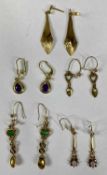 GOLD/YELLOW METAL EARRINGS, five pairs, amethyst drop, diamond and ruby drop, love spoons, gem set