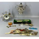 GROUP OF MIXED COINS, PLATED ITEMS & COLLECTABLES, including an EPVM Royles patent self pouring