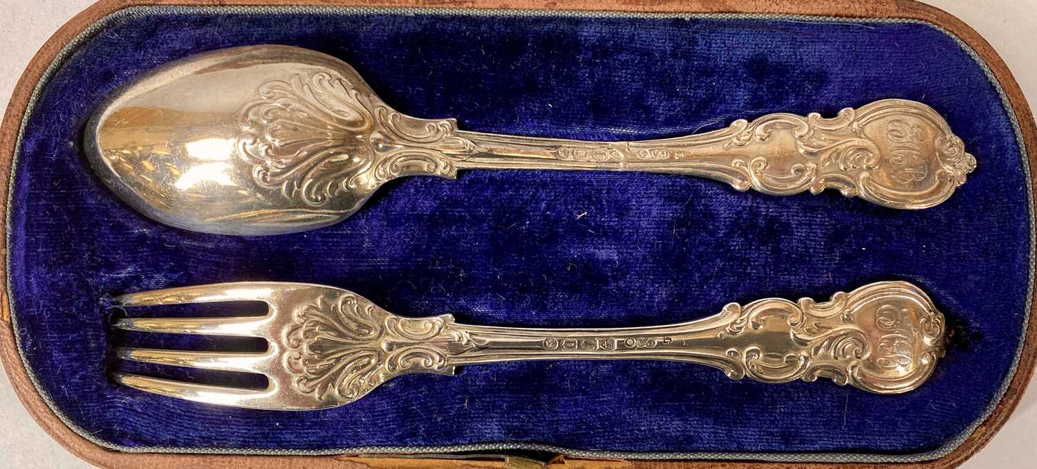 CASED VICTORIAN SILVER SPOON & FORK, London 1869 and a cased Victorian silver christening spoon, - Image 2 of 5