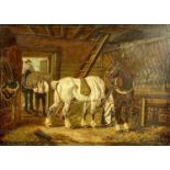 UNKNOWN (British 19th century) oil on board - horses in stable with groom in attendance, unsigned,