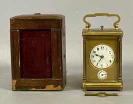 GILT BRASS CASED CARRIAGE ALARM CLOCK, late 19th/early 20th century, circular white enamel dial with
