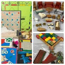 MIXED GROUP OF TOYS & GAMES including dolls house furniture, board games including Monopoly,