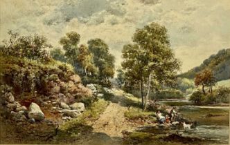 ‡ CHARLES ROWBOTHAM (British 1826 - 1904) watercolour - children playing by river with dog, signed