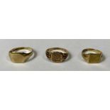 THREE 9CT GOLD SIGNET RINGS, sizes O, N and H, 5gms (gross) Provenance: private collection Ynys Mon