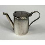 VICTORIAN NOVELTY SILVER MUSTARD POT, in the form of a watering can, with hinged cover, blue glass