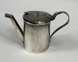 VICTORIAN NOVELTY SILVER MUSTARD POT, in the form of a watering can, with hinged cover, blue glass