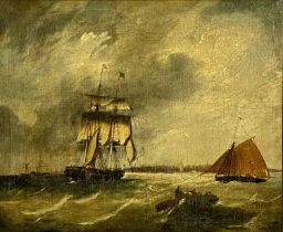 UNKNOWN (19th century) oil on canvas - maritime scene with sailing boats, figures in rowing boat