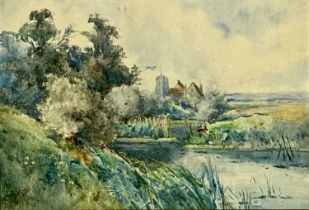 UNKNOWN (British early 20th century) watercolour - river view with church and buildings beyond,