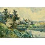 UNKNOWN (British early 20th century) watercolour - river view with church and buildings beyond,