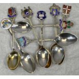 COLLECTION OF EIGHT SILVER/WHITE METAL & ENAMEL SOUVENIR TEASPOONS, Stratford Upon Avon, Stamford,