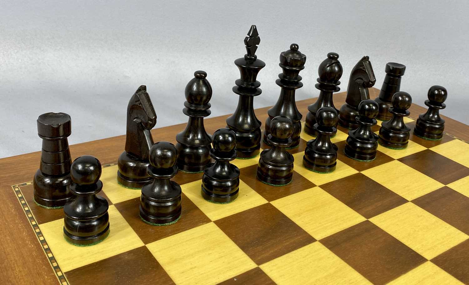 SET OF CHESSMEN, ebony and boxwood, 32 pieces with inlaid wooden board, 50cms² Provenance: private - Image 3 of 5
