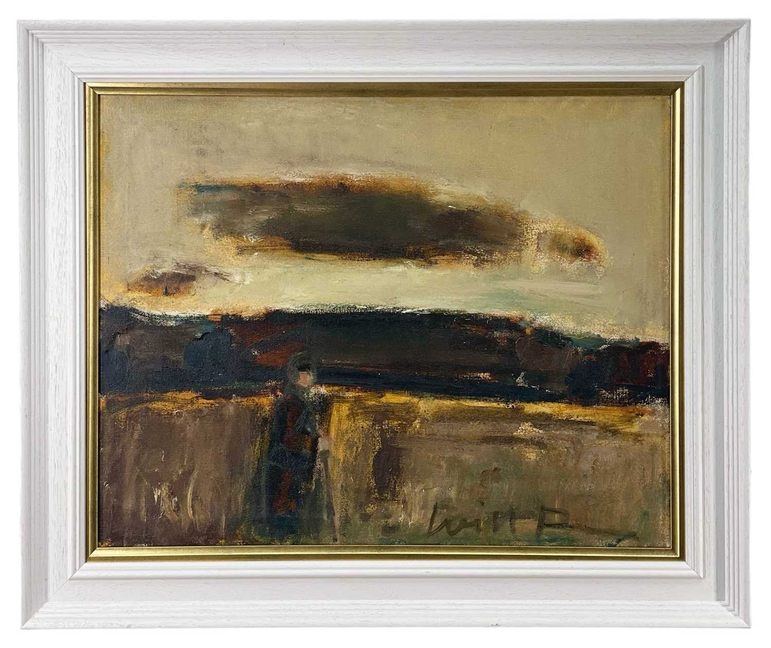 ‡ WILL ROBERTS oil on canvas - sun hidden by clouds and figure walking, signed with initials, - Image 2 of 2