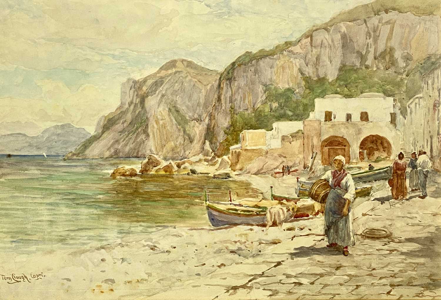 ‡ TOM CLOUGH RCA (British 1867 - 1943) watercolour - figures at continental harbour, signed and