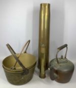 MIXED GROUP OF METALWARE, 19th century and later, large brass shell case, 12cms diam, 67cms (h), a