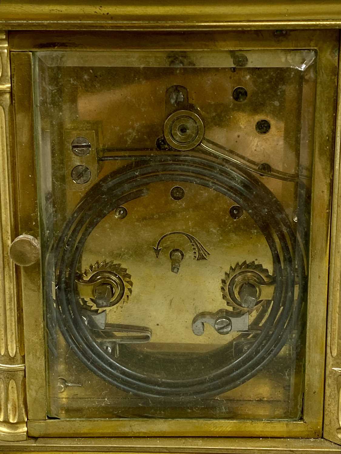 GILT BRASS CASED CARRIAGE CLOCK, late 19th century with fluted columns, circular silvered dial - Image 3 of 4