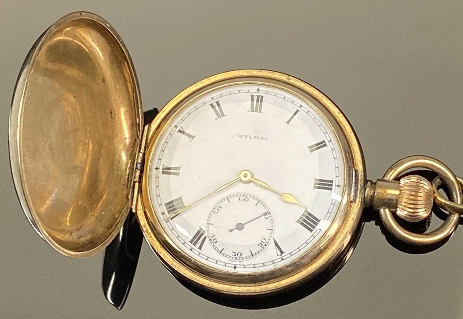 WELMAC GOLD PLATED FULL HUNTER POCKET WATCH, top wind, white enamel dial with black Roman numerals - Image 6 of 7