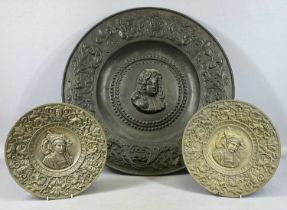HEAVY CIRCULAR CAST METAL WALL PLAQUES A PAIR, French Renaissance style with portrait of a man to