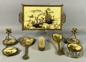 VINTAGE METAL MOUNTED DRESSING TABLE SET, with Far Eastern design, including tray, candlesticks,