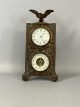 GILT METAL MOUNTED OAK DESK STAND WITH CLOCK & BAROMETER, surmounted with figure of an eagle with