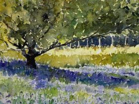 ‡ DAVID GROSVENOR watercolour - tree in field of wildflowers, signed lower right, 24.5 x 34.5cms
