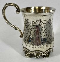 VICTORIAN SILVER CHRISTENING MUG, waisted body, engraved with scrolls and monogram in cartouche,