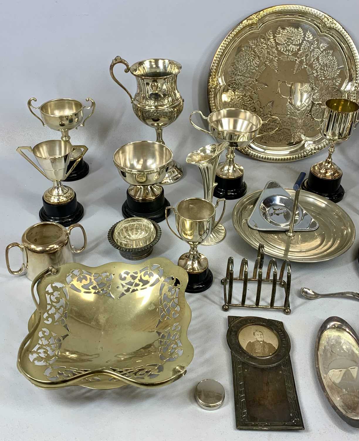 SILVER PLATED & OTHER METALWARE, including trophies, circular muffin dish and cover, trumpet form - Image 3 of 3