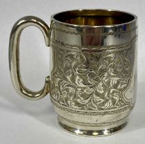 GEORGE V SILVER CHRISTENING MUG, body with scroll engraved decoration and inscribed "Marie Sinclair,