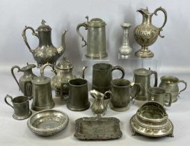 GROUP OF PEWTER/PLATED ITEMS, mainly 19th century, including tankards, claret jugs, coffee pots