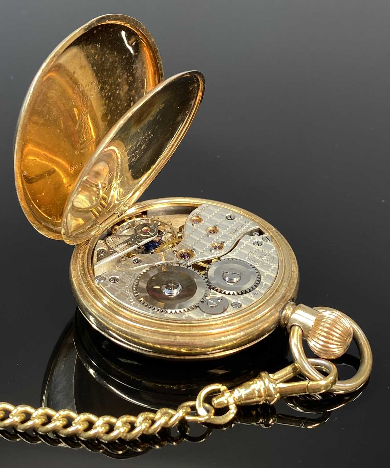 WELMAC GOLD PLATED FULL HUNTER POCKET WATCH, top wind, white enamel dial with black Roman numerals - Image 5 of 7