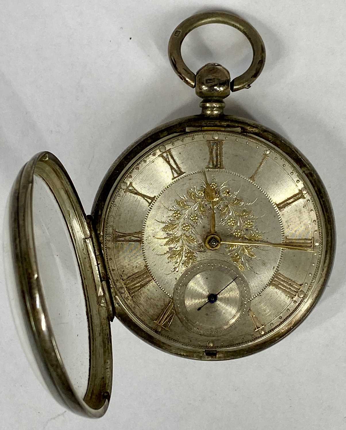 VICTORIAN SILVER CASED POCKET WATCH, silvered dial with gold Roman numerals and hands, floral - Image 3 of 6