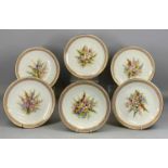 ROYAL WORCESTER SET OF SIX DESSERT PLATES, circa 1878, each painted with hollyhocks and meadow