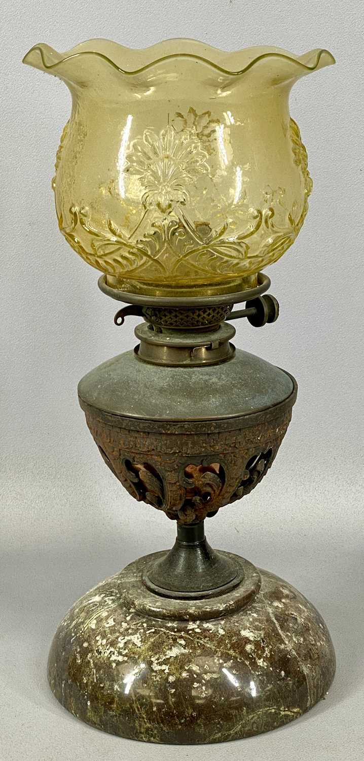 GROUP OF THREE OIL LAMPS, late 19th century & later, the first with embossed brass base, blue - Image 2 of 4