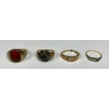 GROUP OF FOUR 9CT GOLD/YELLOW METAL RINGS, including stone set signet ring, size V, rose gold