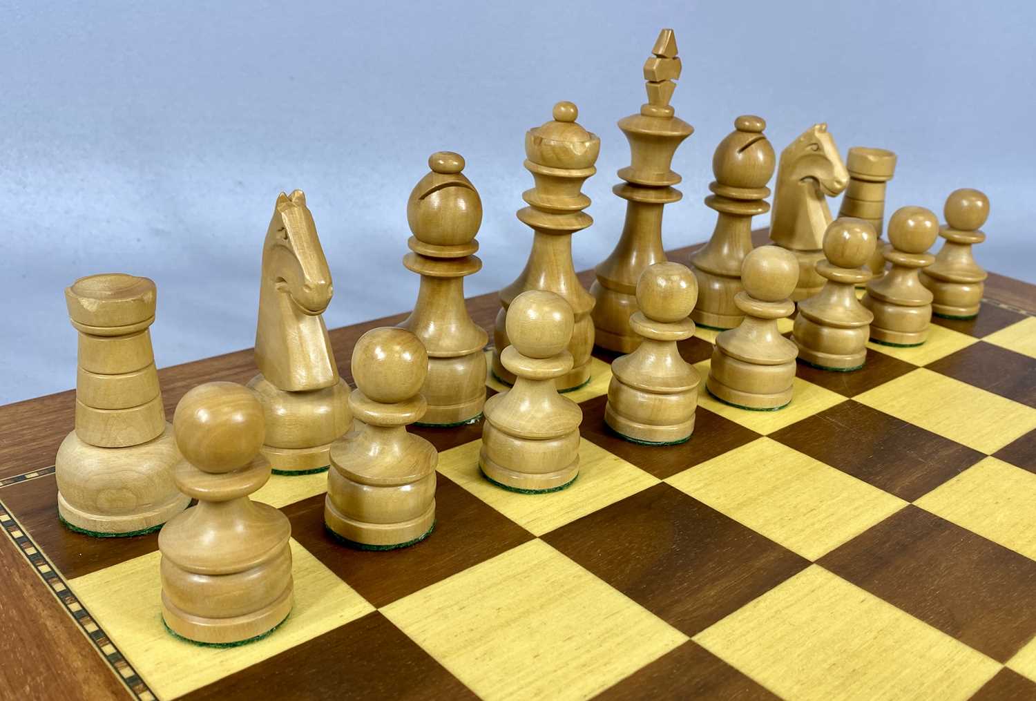 SET OF CHESSMEN, ebony and boxwood, 32 pieces with inlaid wooden board, 50cms² Provenance: private - Image 5 of 5