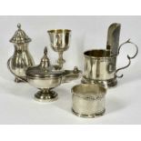 FIVE SMALL SILVER ITEMS comprising Victorian "Aladdin's Lamp" with flame finial, London 1896,