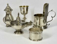 FIVE SMALL SILVER ITEMS comprising Victorian "Aladdin's Lamp" with flame finial, London 1896,