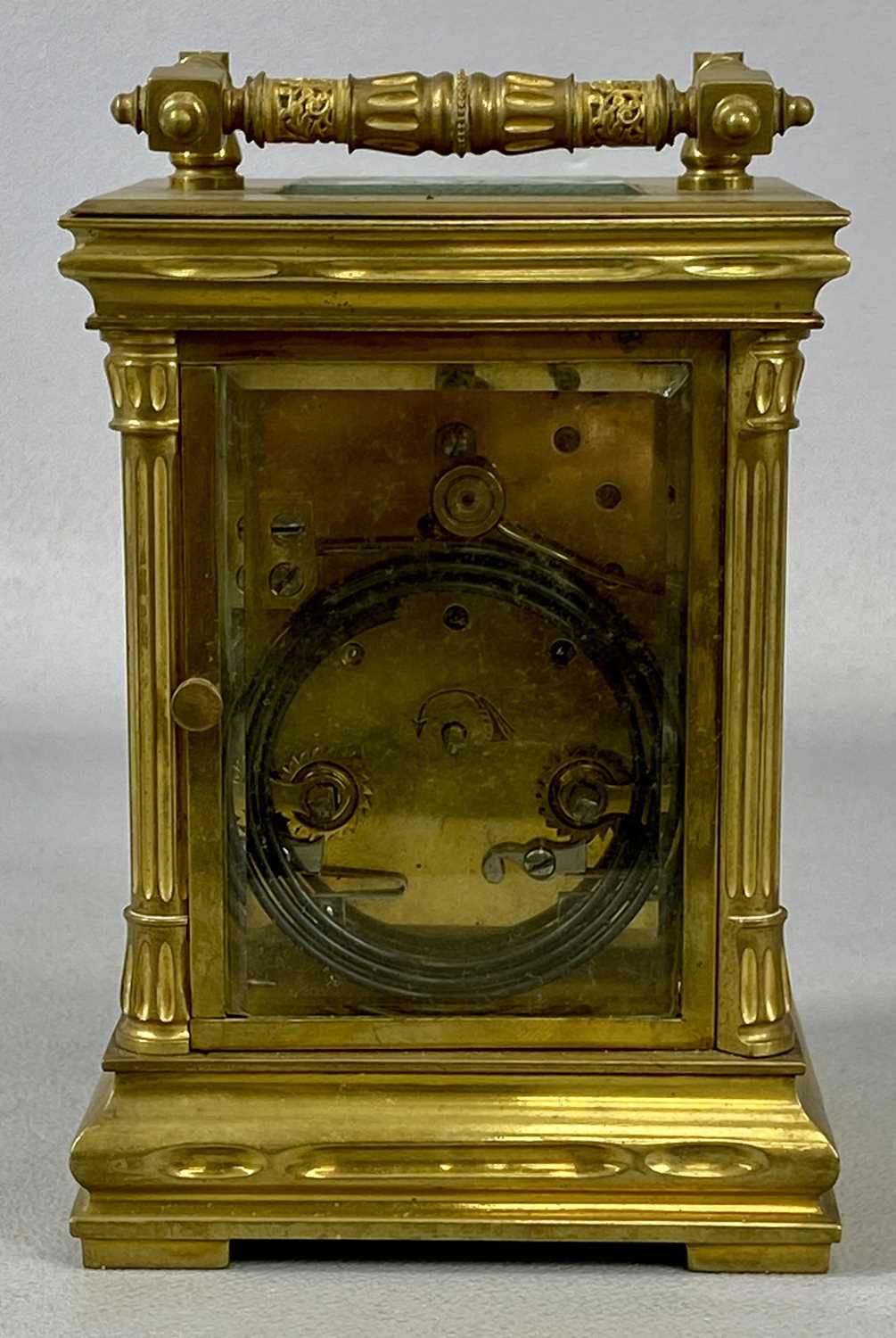 GILT BRASS CASED CARRIAGE CLOCK, late 19th century with fluted columns, circular silvered dial - Image 4 of 4