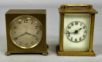 TWO MINIATURE GILDED BRASS CASED CLOCKS, Zenith 8-day example, machine engraved decoration, circular