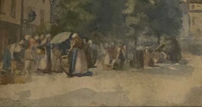 ‡ MARY McCROSSAN watercolour - a large crowd of people at Chartres Market, signed and dated 1894, 17