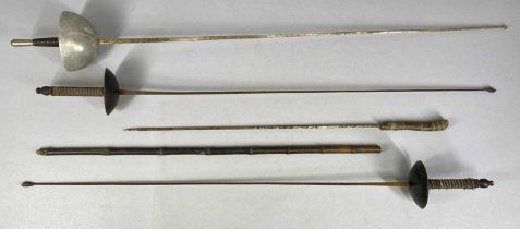 GROUP OF FOUR SWORDS, three fencing swords and a bamboo sword stick, 92cms (l) Provenance: private